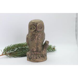 Vintage Gold Owl Figurine, Cast Metal Statue with Brass Finish, Woodland Cabin D